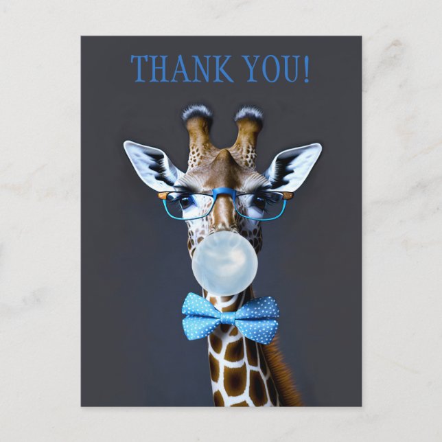 Giraffe wearing glasses, bow tie blowing blue gum postcard (Front)