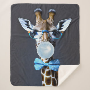 Giraffe wearing glasses, bow tie blowing blue gum sherpa blanket