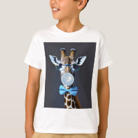 Giraffe wearing glasses, bow tie blowing blue gum