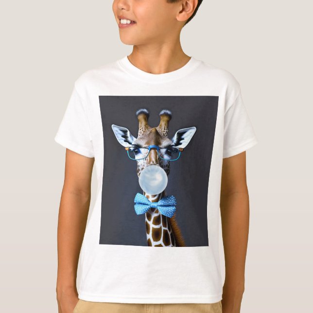 Giraffe wearing glasses, bow tie blowing blue gum T-Shirt (Front)