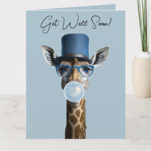 Giraffe wearing glasses, top hat, gum Get Well Card