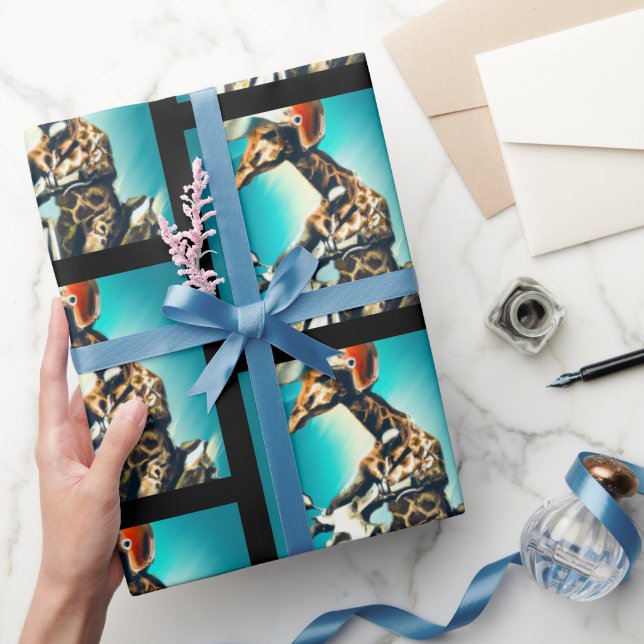 Giraffe Wearing Helmet on Motorcycle Modern AI Art Wrapping Paper (Gifting)