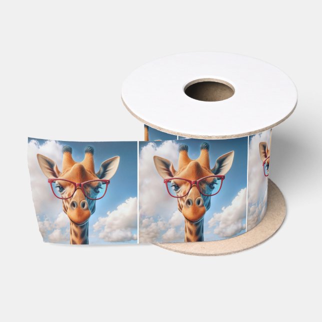 Giraffe Wearing Red Eyeglasses Satin Ribbon (Spool)