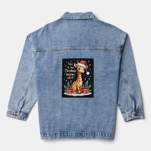 Giraffe Wearing Santa Hat Matching Christmas Pajam Denim Jacket