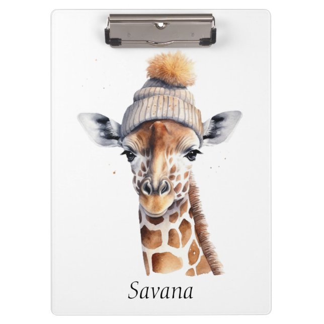 Giraffe wearing winter hat customizable  clipboard (Front)