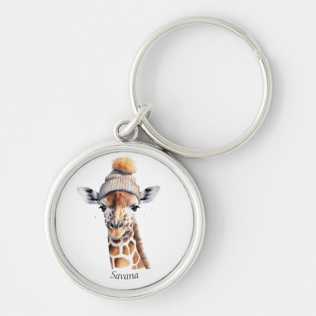 Giraffe wearing winter hat customizable  keychain (Front)
