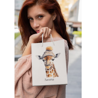Giraffe wearing winter hat customizable medium gift bag