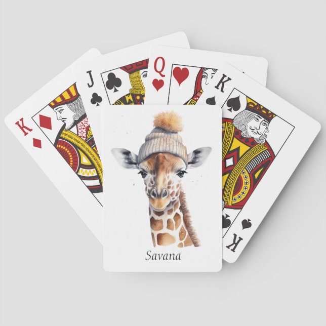 Giraffe wearing winter hat customizable  playing cards (Back)