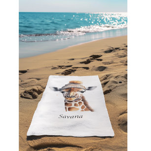 Giraffe wearing winter hat customizable Poster Beach Towel