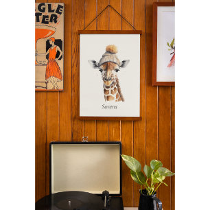 Giraffe wearing winter hat customizable Poster Hanging Tapestry