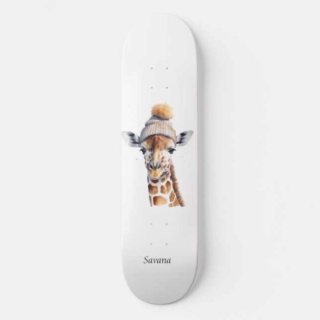 Giraffe wearing winter hat customizable Poster Skateboard (Front)