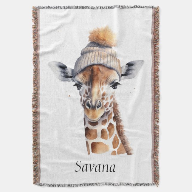 Giraffe wearing winter hat customizable  throw blanket (Front Vertical)