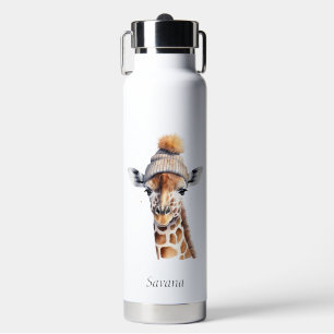 Giraffe wearing winter hat customizable water bottle