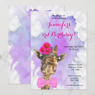 Giraffe wild animal watercolor girl happy birthday invitation