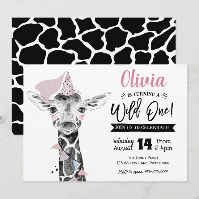 Giraffe Wild One | Invitation à l'anniversaire de  (Devant / Derrière)