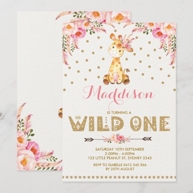 Giraffe WILD ONE Invitation Pink Gold Floral Party (Front/Back)