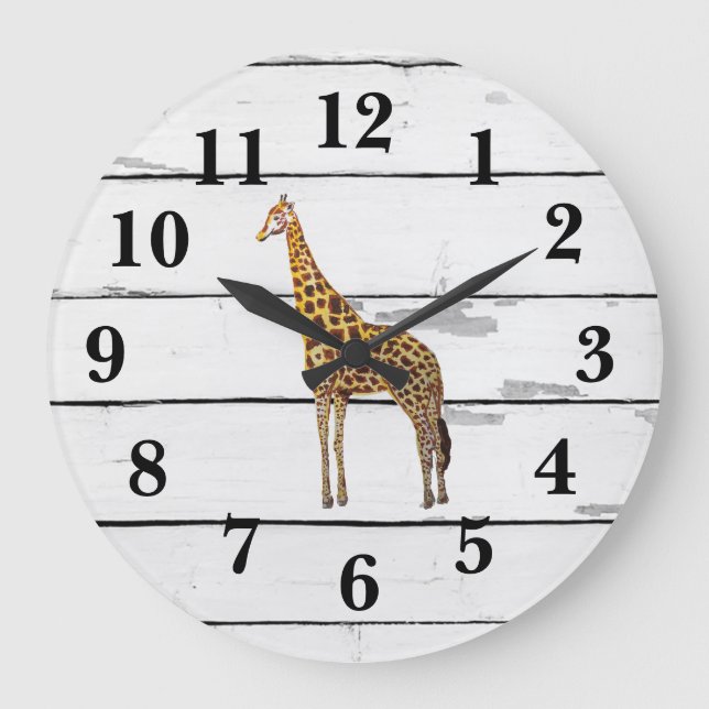 Giraffe Wildlife Decor Rustic Shiplap Large Clock (Front)