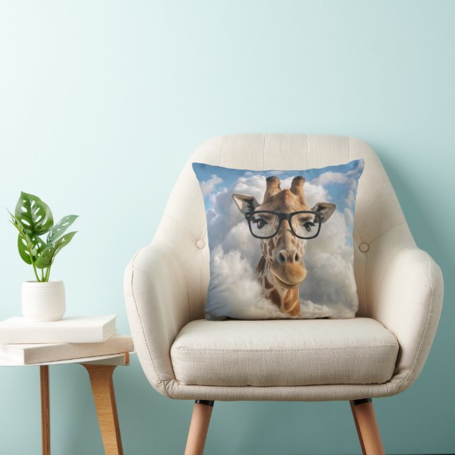Giraffe with Black Eyeglasses in Cloud Throw Pillow (Chair)
