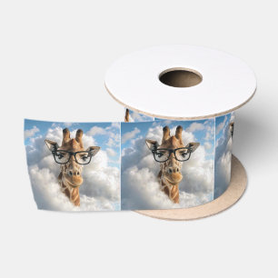 Giraffe with Black Glasses in Clouds Satin Ribbon