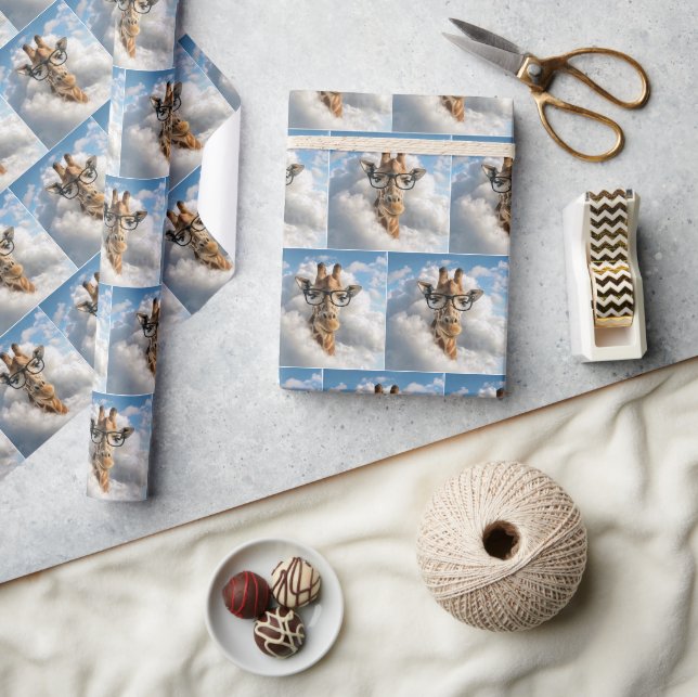 Giraffe with Black Glasses in Clouds Wrapping Paper (Crafts)