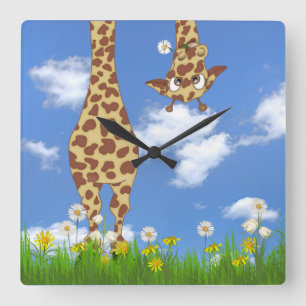 Giraffe With Daisy on Sky Square Wall Clock