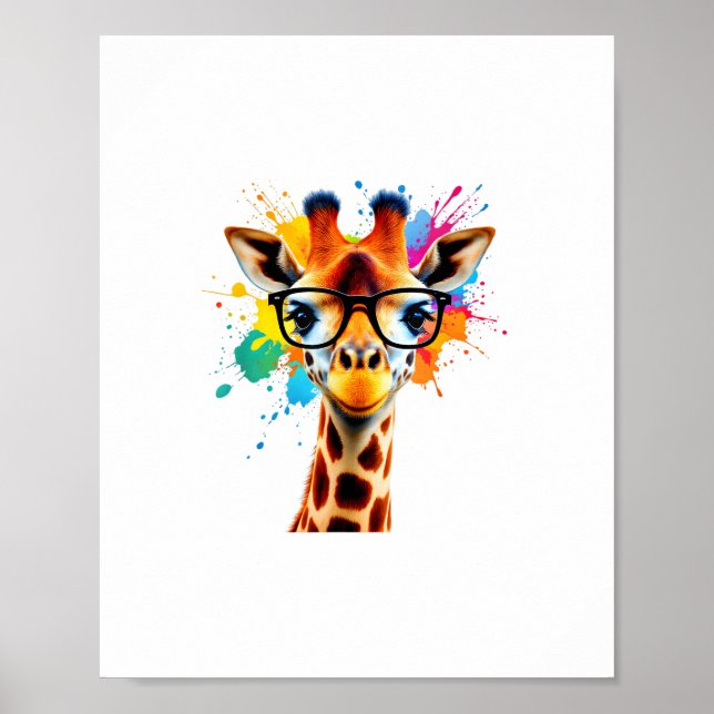 Giraffe with Glasses and Colourful Splash - Colour Poster (Front)