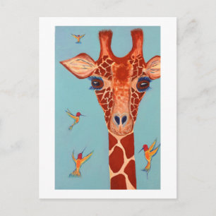 Giraffe with hummingbirds postcard