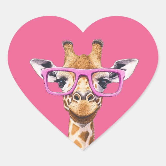 Giraffe with Pink Glasses Pink Background Heart Sticker (Front)
