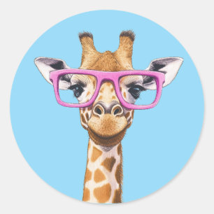 Giraffe with Pink Glasses Sticker Blue Background