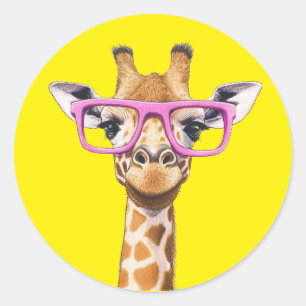Giraffe with Pink Glasses Yellow Backgrad. Sticker