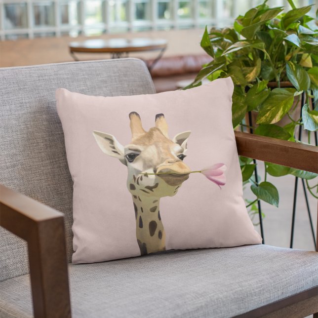 Giraffe with Pink Tulip  Throw Pillow (Creator Uploaded)