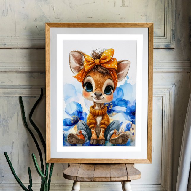 Giraffe with polka dot bow blue poppies poster (Creator Uploaded)