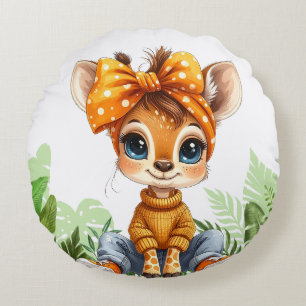 Giraffe with polka dot bow jungle round pillow