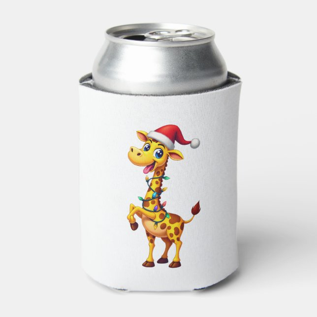 Giraffe Xmas Lighting Funny Santa Giraffe Christma Can Cooler (Can Front)