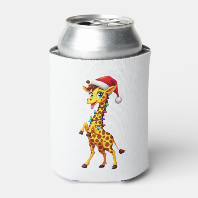 Giraffe Xmas Lighting Funny Santa Giraffe Christma Can Cooler (Can Front)