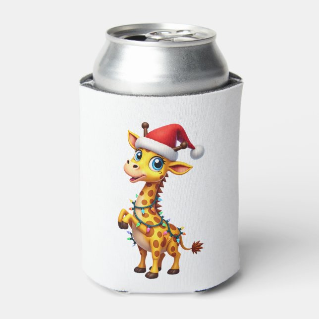Giraffe Xmas Lighting Funny Santa Giraffe Christma Can Cooler (Can Front)