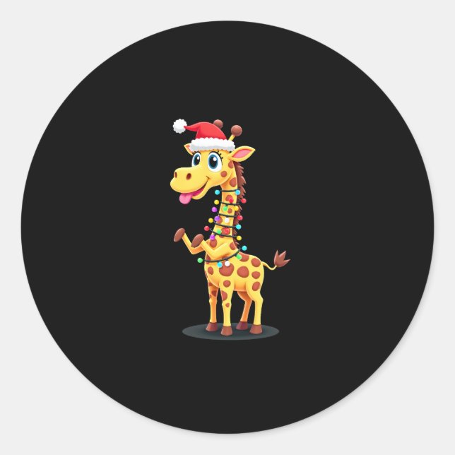 Giraffe Xmas Lighting Funny Santa Giraffe Christma Classic Round Sticker (Front)