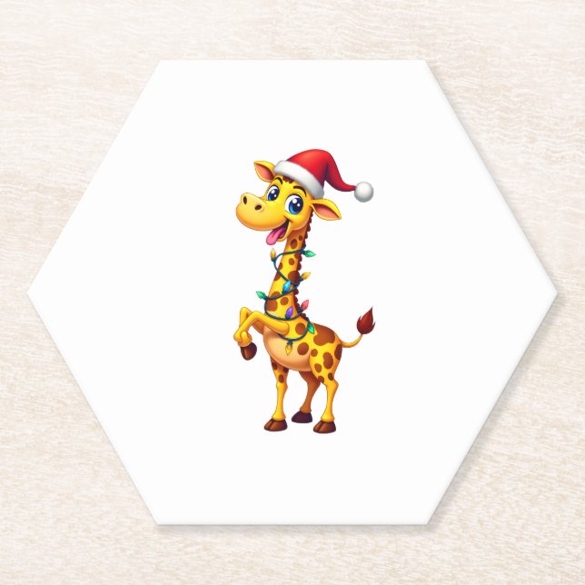 Giraffe Xmas Lighting Funny Santa Giraffe Christma Paper Coaster (Front)