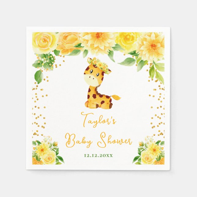 Giraffe Yellow Floral Baby Shower Napkin (Front)
