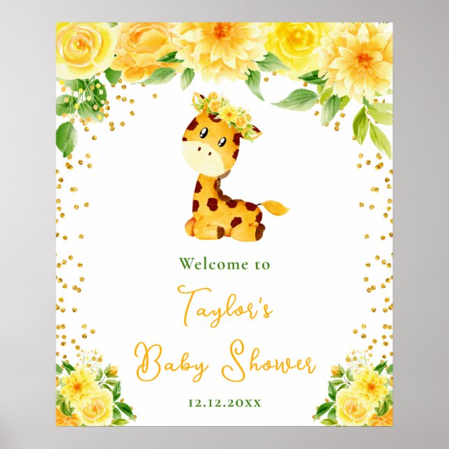 Giraffe Yellow Floral Baby Shower Welcome Poster (Front)