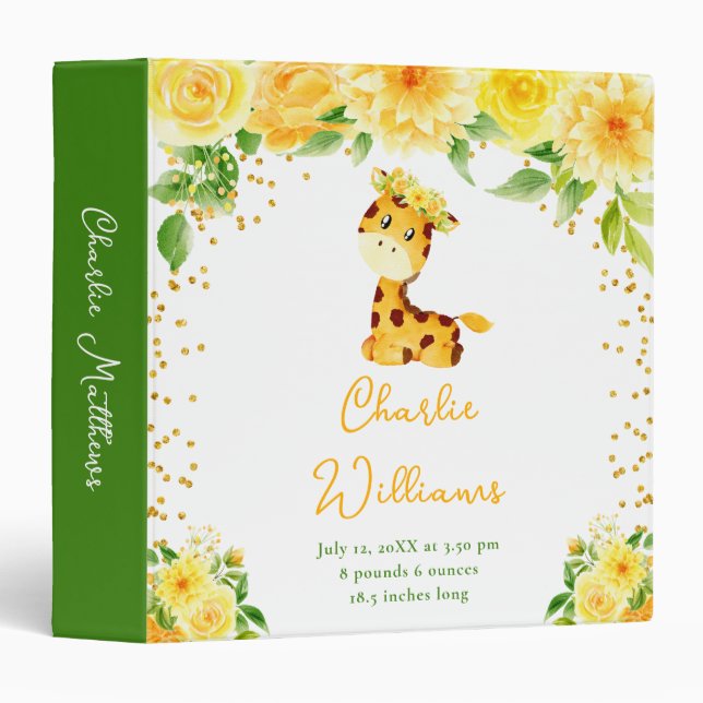 Giraffe Yellow Floral Birth Statistics Binder (Front/Spine)