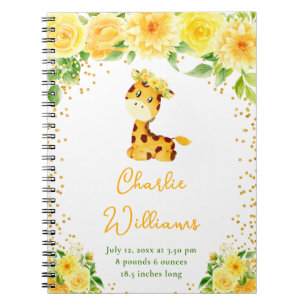 Giraffe Yellow Floral Birth Statistics Notebook