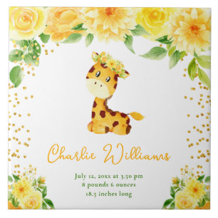 Giraffe Yellow Floral Birth Statistics Tile