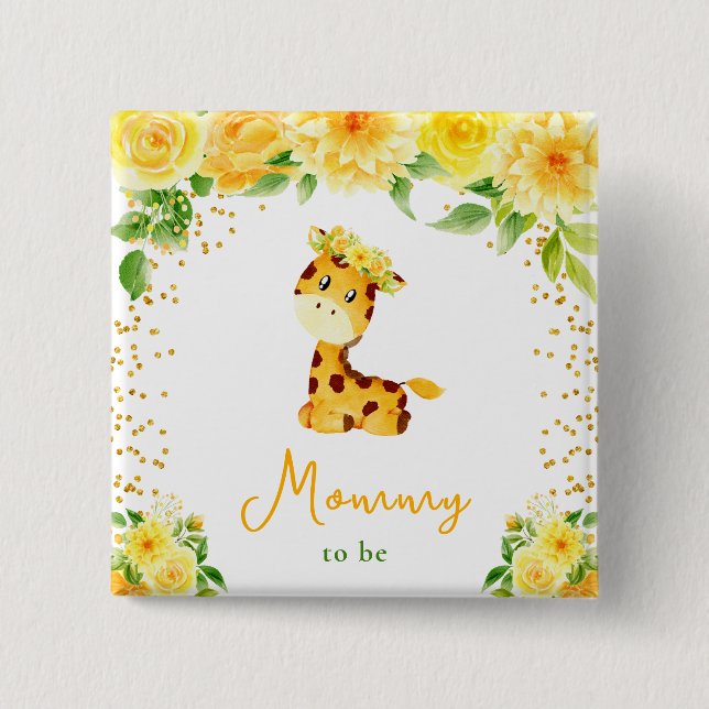 Giraffe Yellow Floral Mommy To Be 2 Inch Square Button (Front)