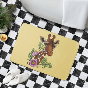 Giraffe Yellow Portrait Flowers Bath Mat