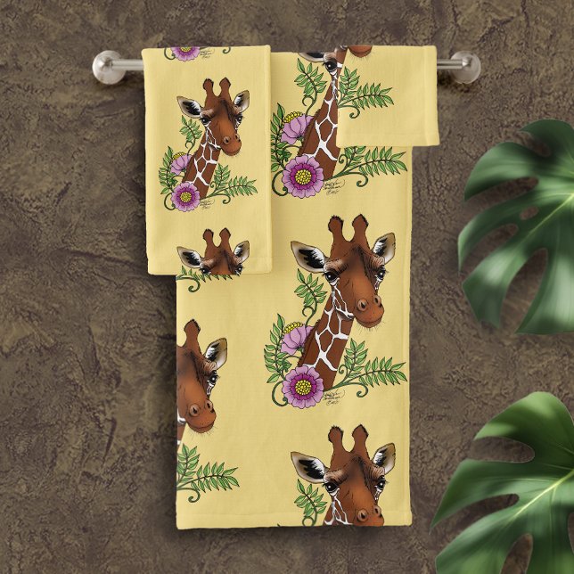 Giraffe Yellow Portrait Flowers Bath Towel Set (Creator Uploaded)