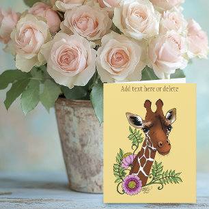 Giraffe Yellow Portrait Flowers Card