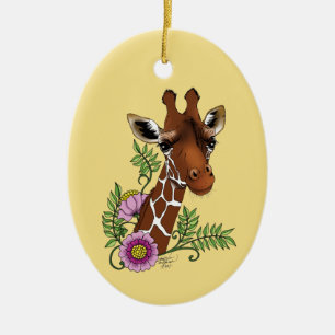 Giraffe Yellow Portrait Flowers Ceramic Ornament