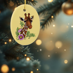 Giraffe Yellow Portrait Flowers Ceramic Ornament