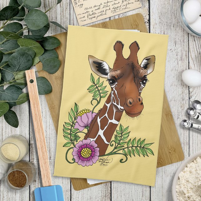 Giraffe Yellow Portrait Flowers Kitchen Towel (Creator Uploaded)